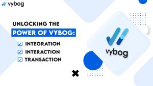 An image illustrating the concept of unlocking the power of Vybog, featuring interconnected gears representing integration, interaction, and transaction.