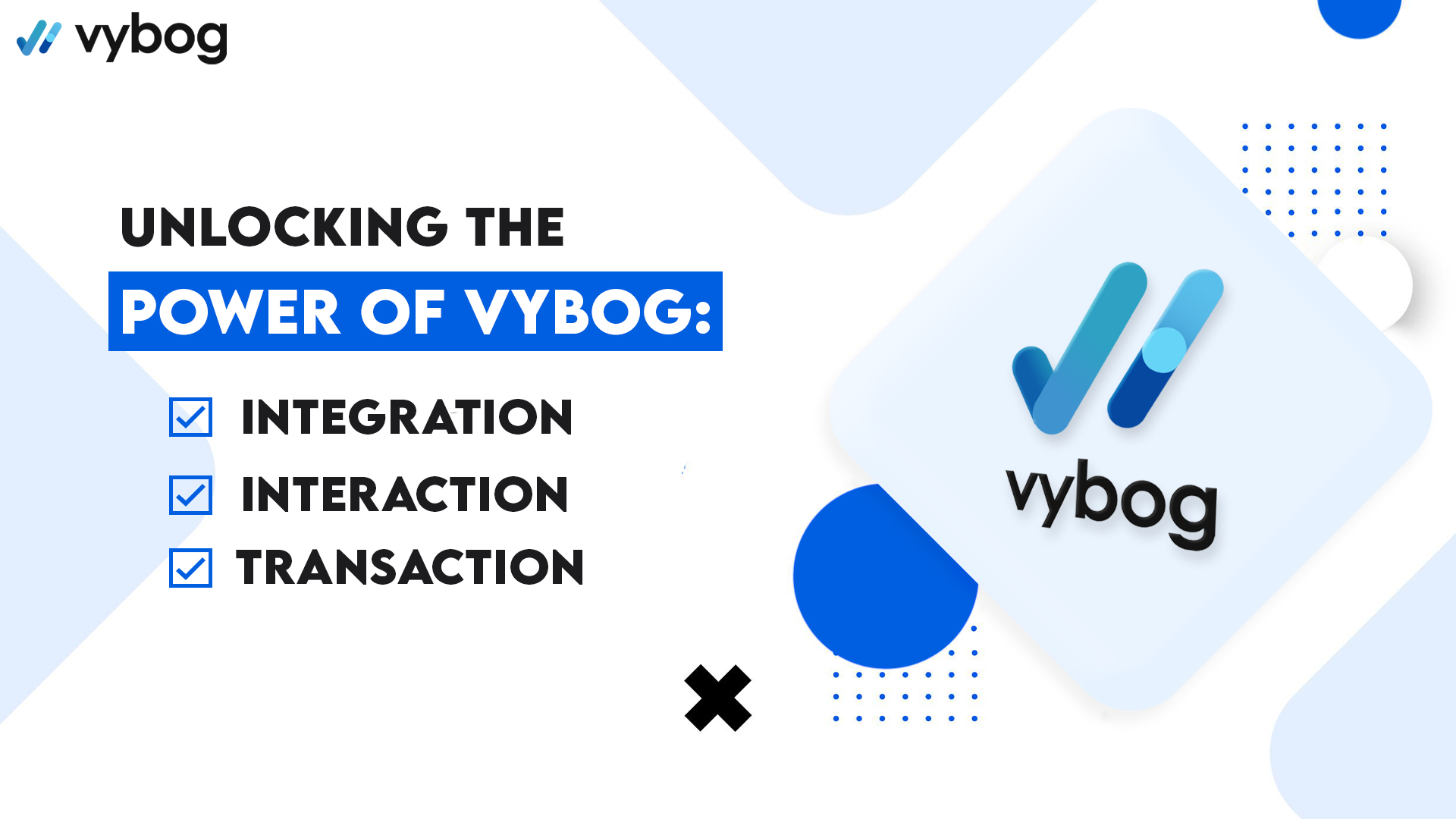 An image illustrating the concept of unlocking the power of Vybog, featuring interconnected gears representing integration, interaction, and transaction.