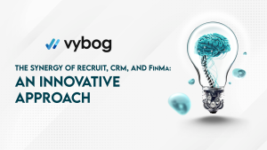 A promotional graphic featuring the text 'THE SYNERGY OF RECRUIT, CRM, AND FINMA: AN INNOVATIVE APPROACH.' The background includes the VyboG logo and a modern design that represents the innovative integration of VyboG's recruitment, CRM, and FinMa solutions."